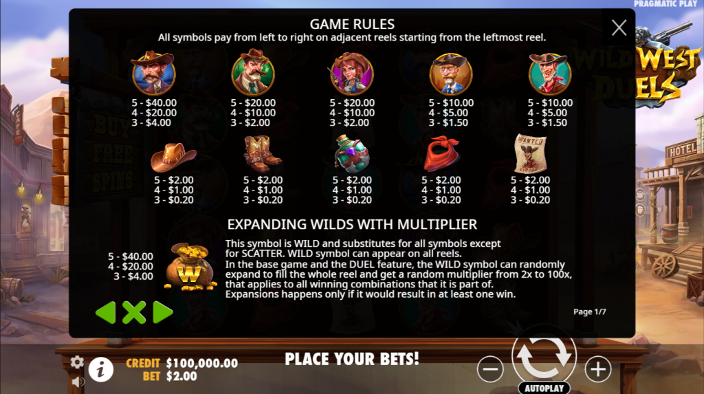 Wild West Duels Pragmatic Play Slot Paytable